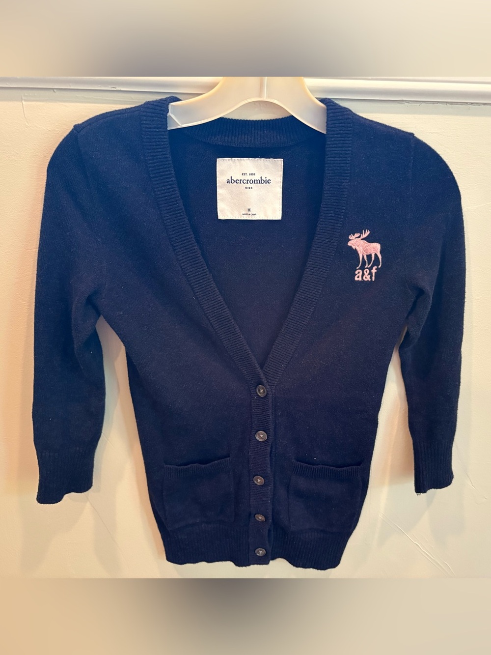 Abercrombie & Fitch kid Navy Cardigan with Pink Moose Logo size M preowned
